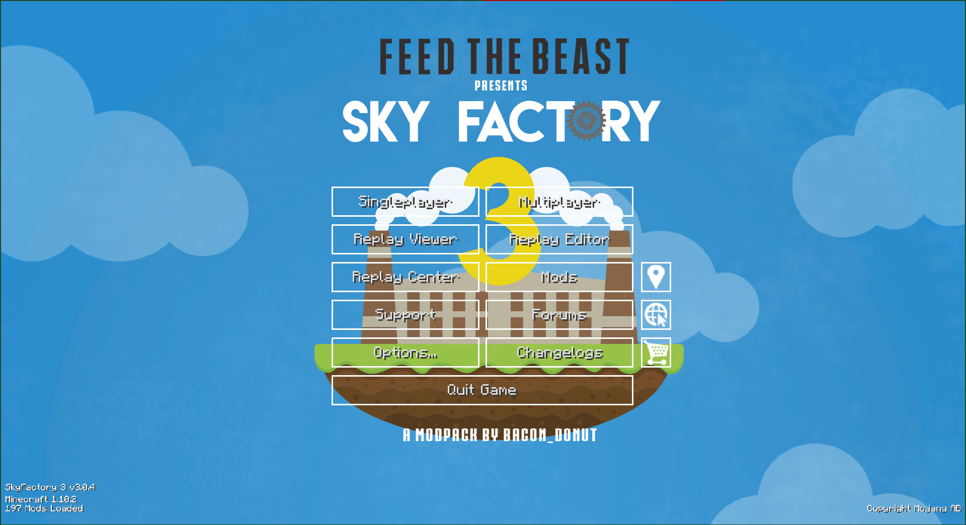 Image of Sky Factory 3 Main Menu with ReplayMod buttons